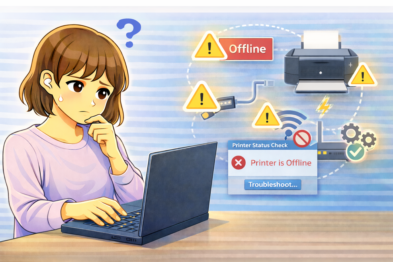 プリンターがオフライン表示になり印刷できず、パソコン画面と接続状態を確認している女性を描いたイラスト