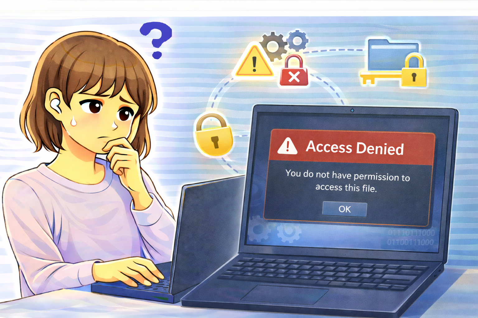 PCでファイルにアクセスできず、権限や設定の問題を示すエラーメッセージを前に考え込む女性のイラスト
