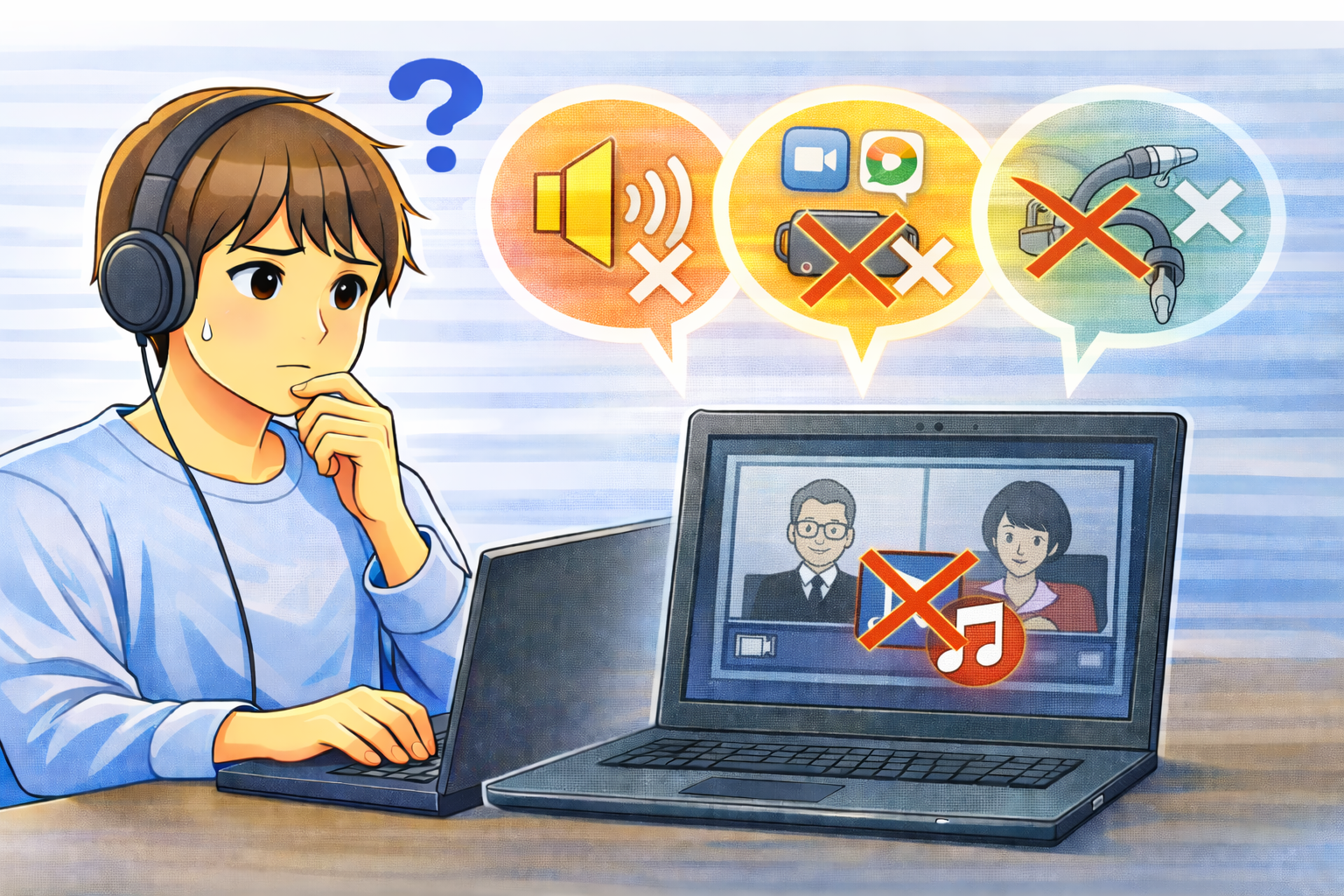 オンライン会議中に相手の声が聞こえず、出力先やアプリ設定を確認している様子