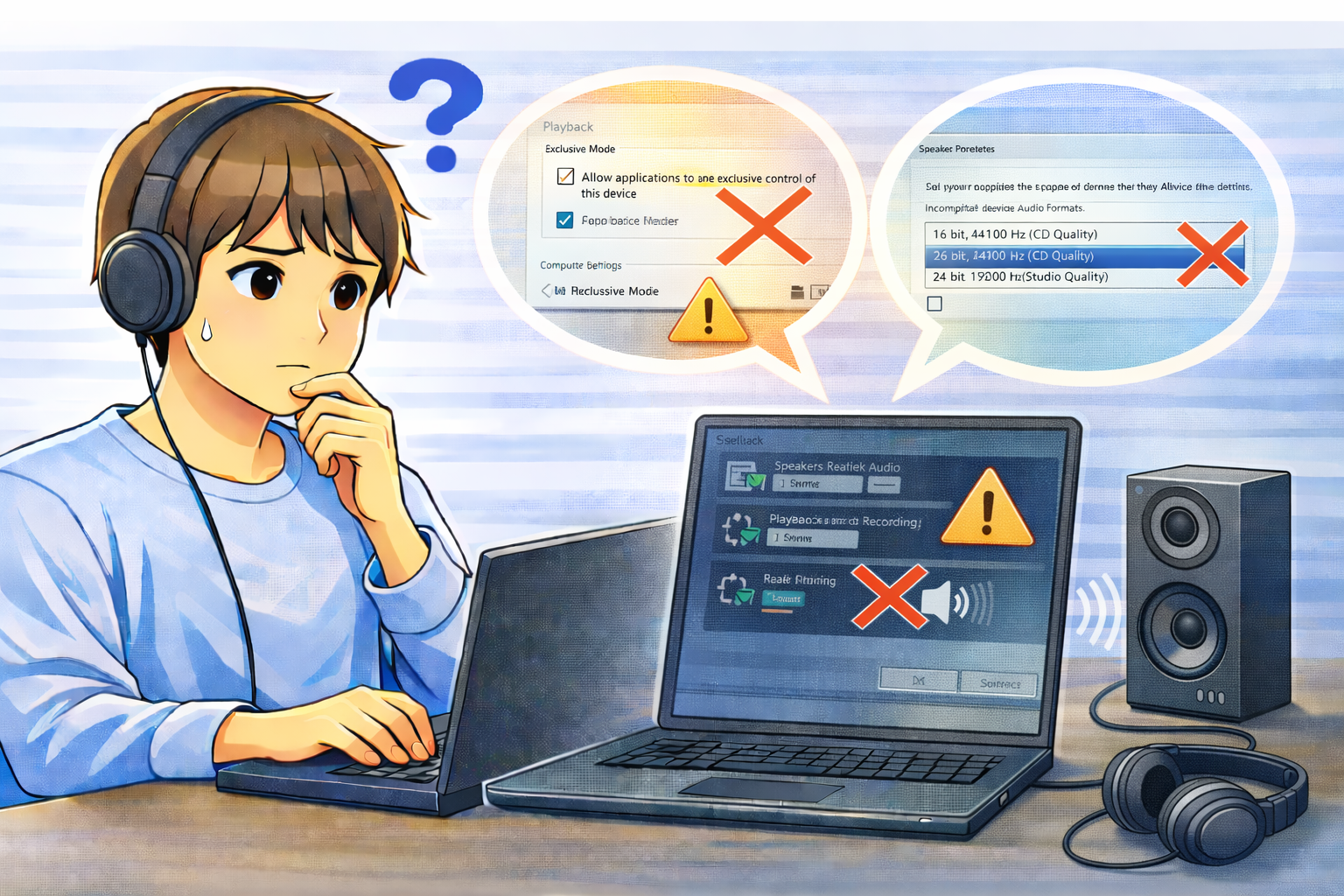 音声デバイスは表示されているが再生できず、設定項目を確認している様子