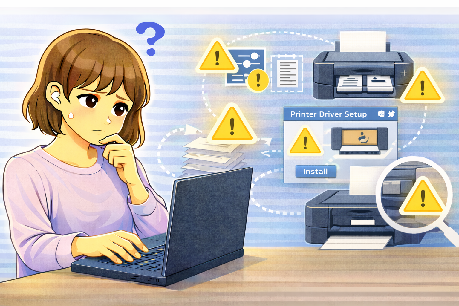 プリンターで両面印刷ができず、パソコン画面の設定やプリンターの状態を確認している女性を描いたイラスト