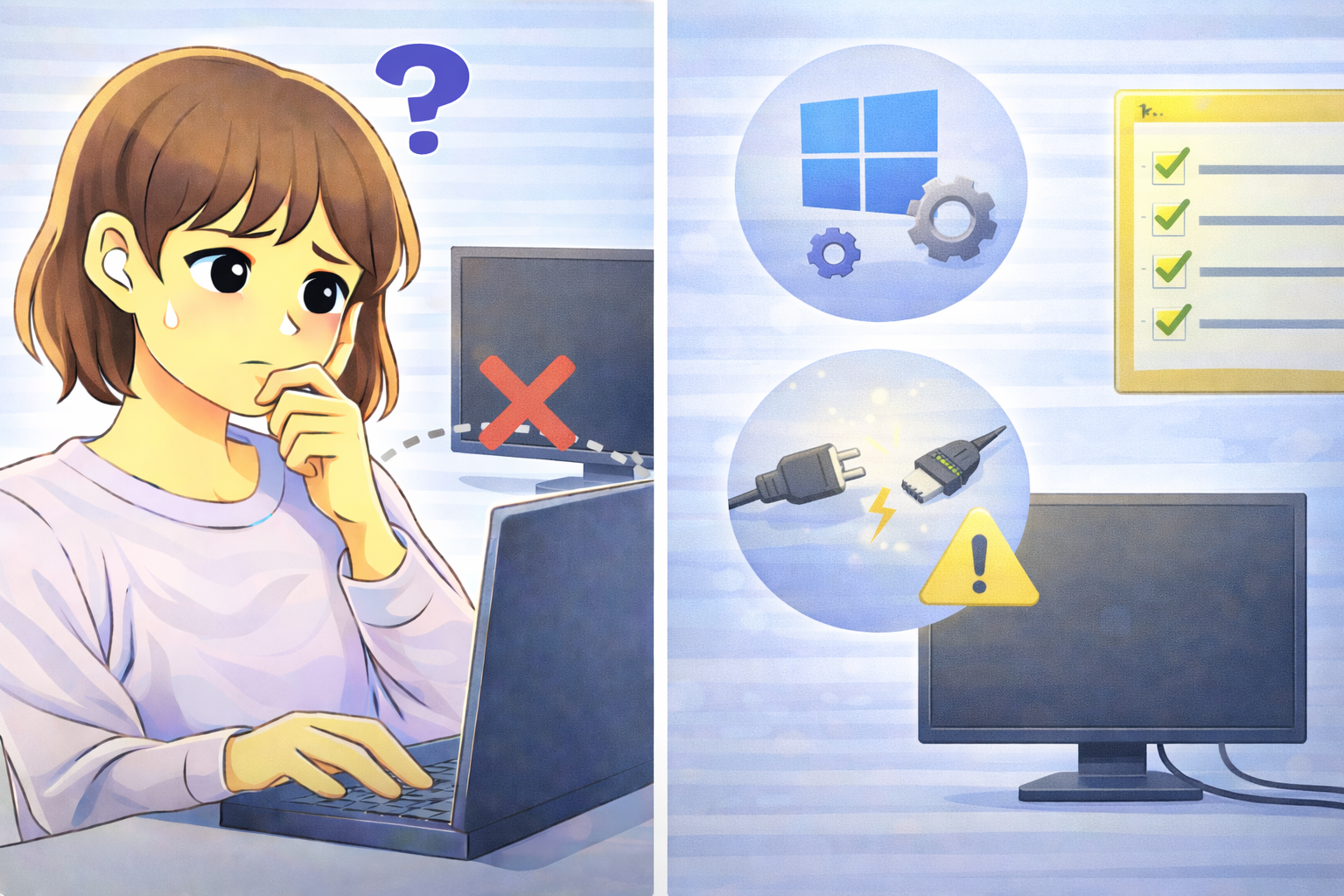 パソコンに外部モニターを接続しているが認識されず、Windowsの設定や接続状態を確認している様子