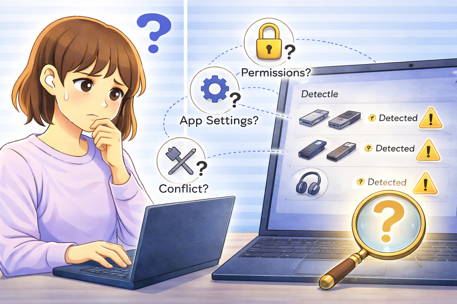 PCでデバイスは認識されているが操作できず、設定や権限、アプリの影響を考えている様子