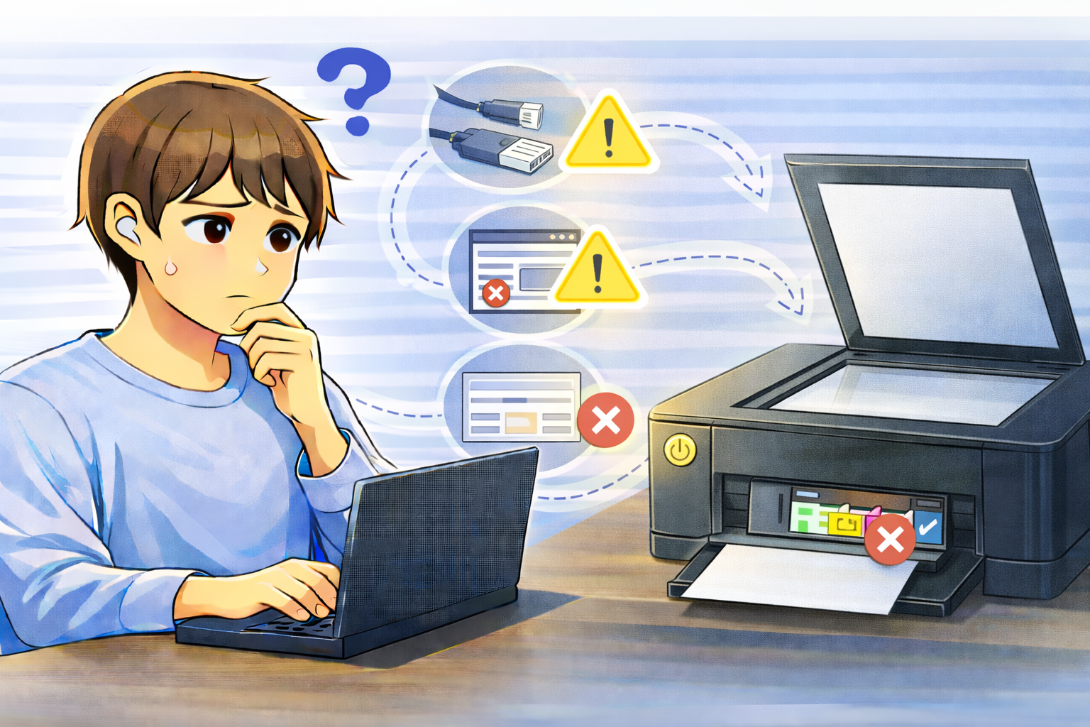 スキャナーが起動せず、接続や電源、アプリの状態を確認している様子