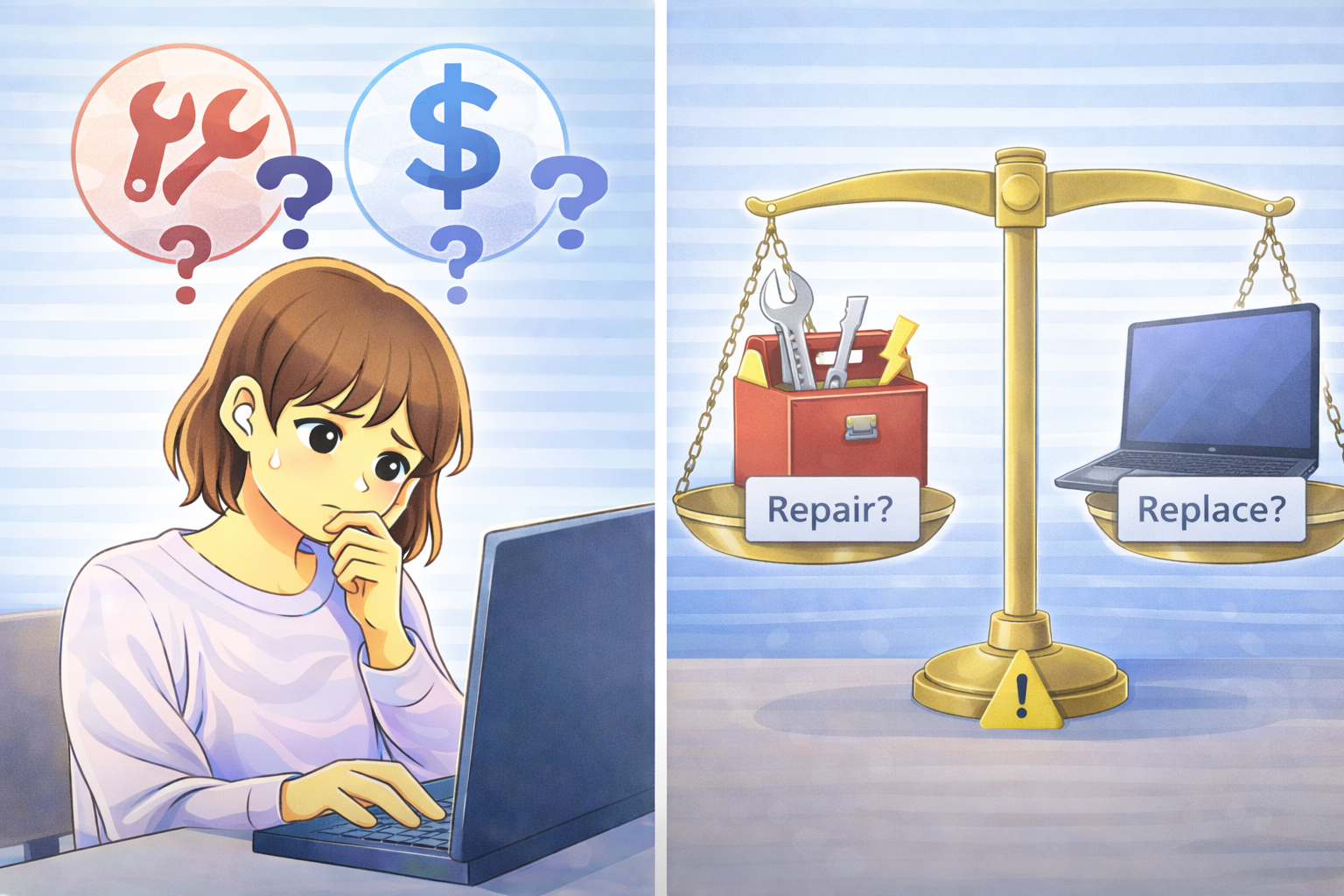 パソコンのストレージ不調を前に、修理と買い替えのどちらを選ぶべきか迷っている様子