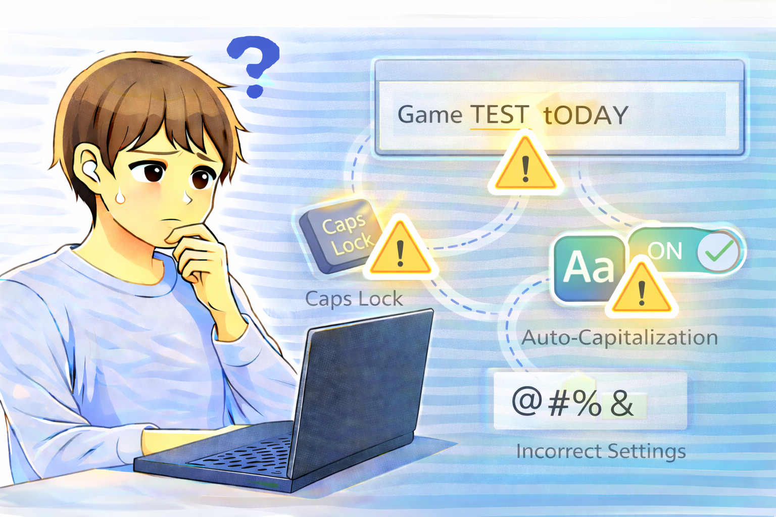 入力した文章に大文字が混ざる状態を前に、Caps Lockや自動大文字設定などの影響を考えながらノートパソコンを操作している男性の様子