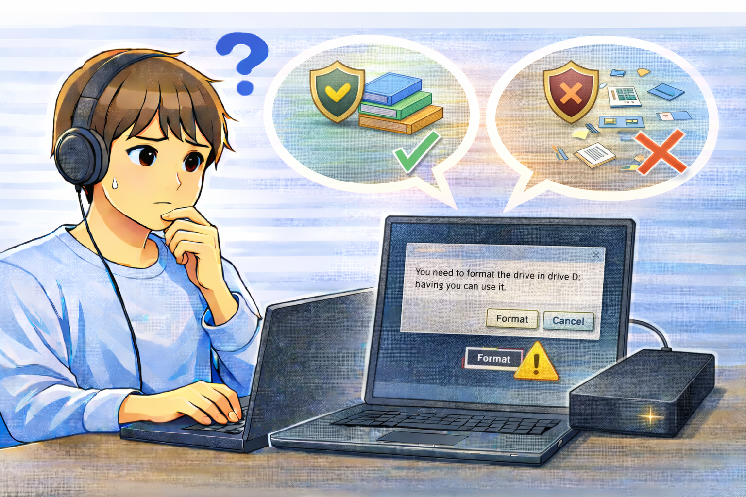 外付けストレージにフォーマットを要求され、対応方法を検討している様子