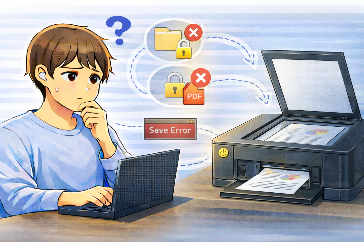 PDFスキャンが保存できず、保存先や権限、ファイル形式の状態を確認している様子