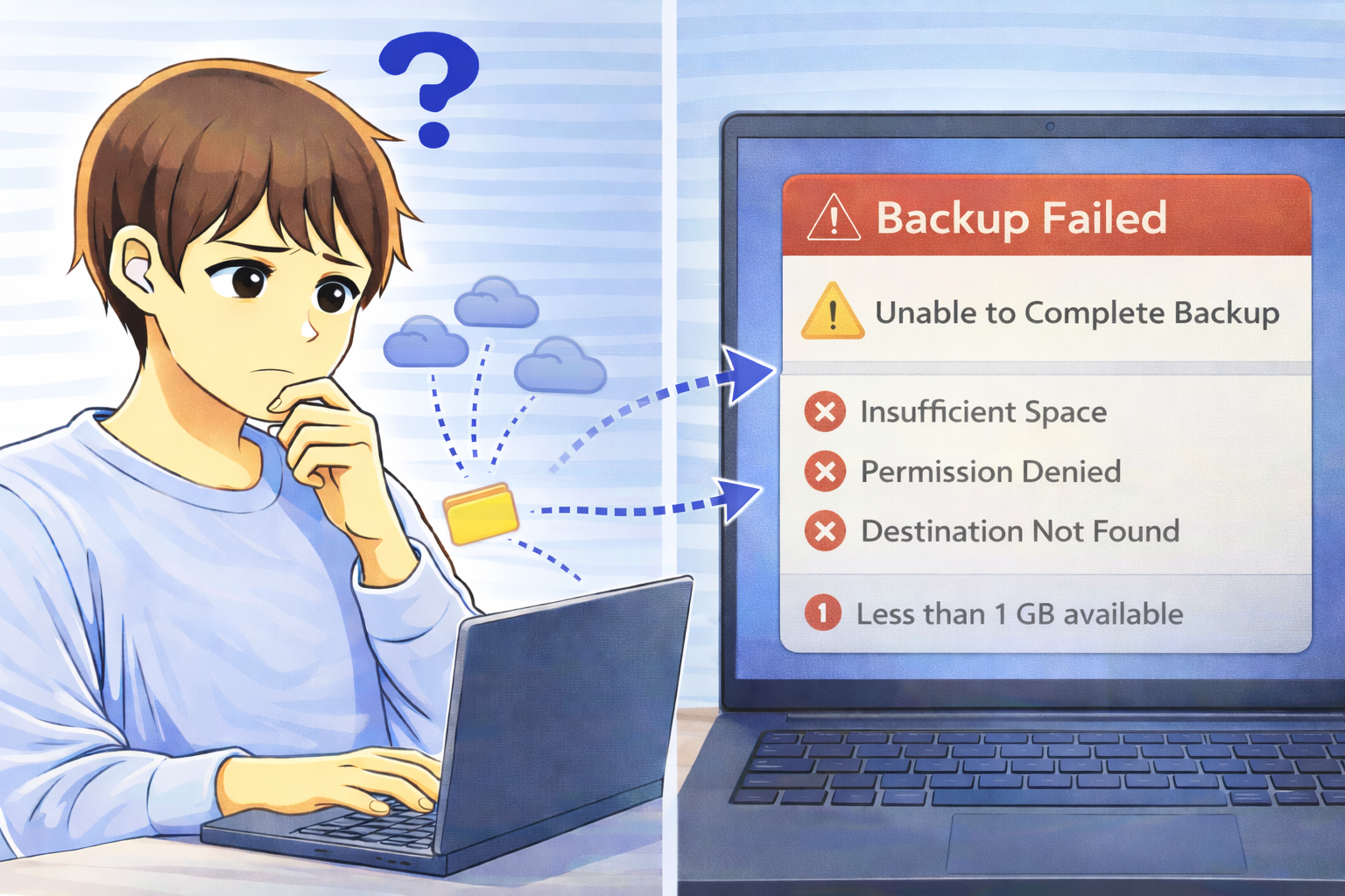 PCのバックアップが完了せず、保存先や容量、権限に関するエラーが表示されている状態