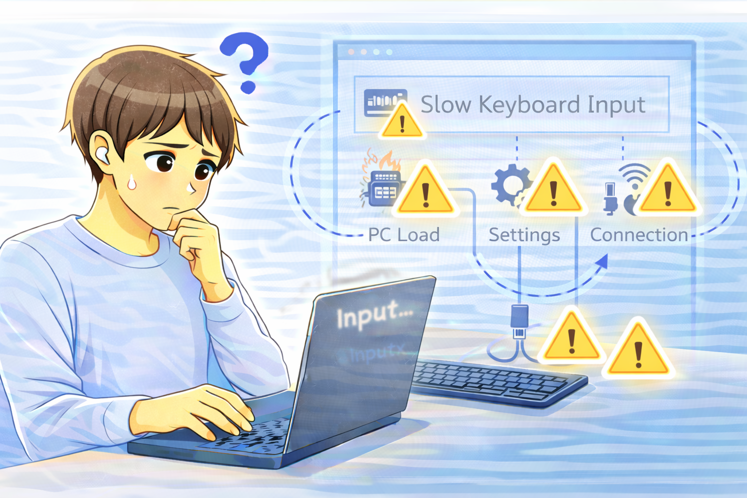 キーボード入力が遅く反応が重い原因を確認しているノートパソコン使用中の男性のイラスト