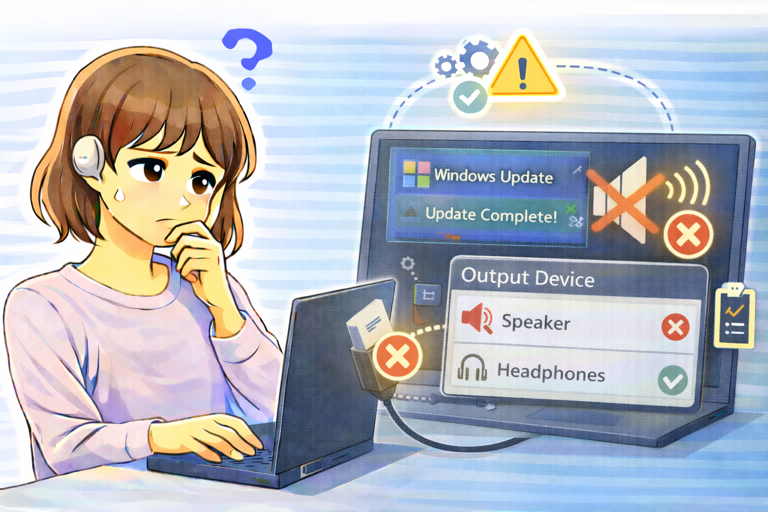 Windowsアップデート後に音が出ず、パソコンの出力デバイス設定や音声状態を確認しながら原因を考えている女性のイラスト