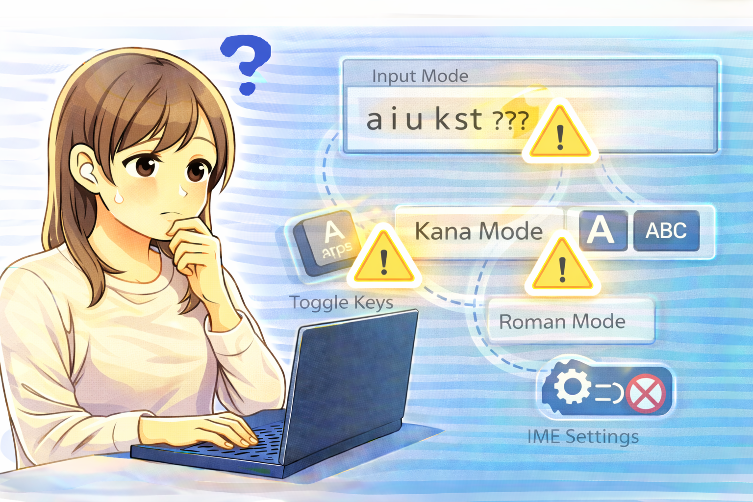 入力モードが意図せず切り替わり、ローマ字入力に戻らない状態を前に、IME設定や切り替えキーの影響を考えている女性がノートパソコンを操作している様子