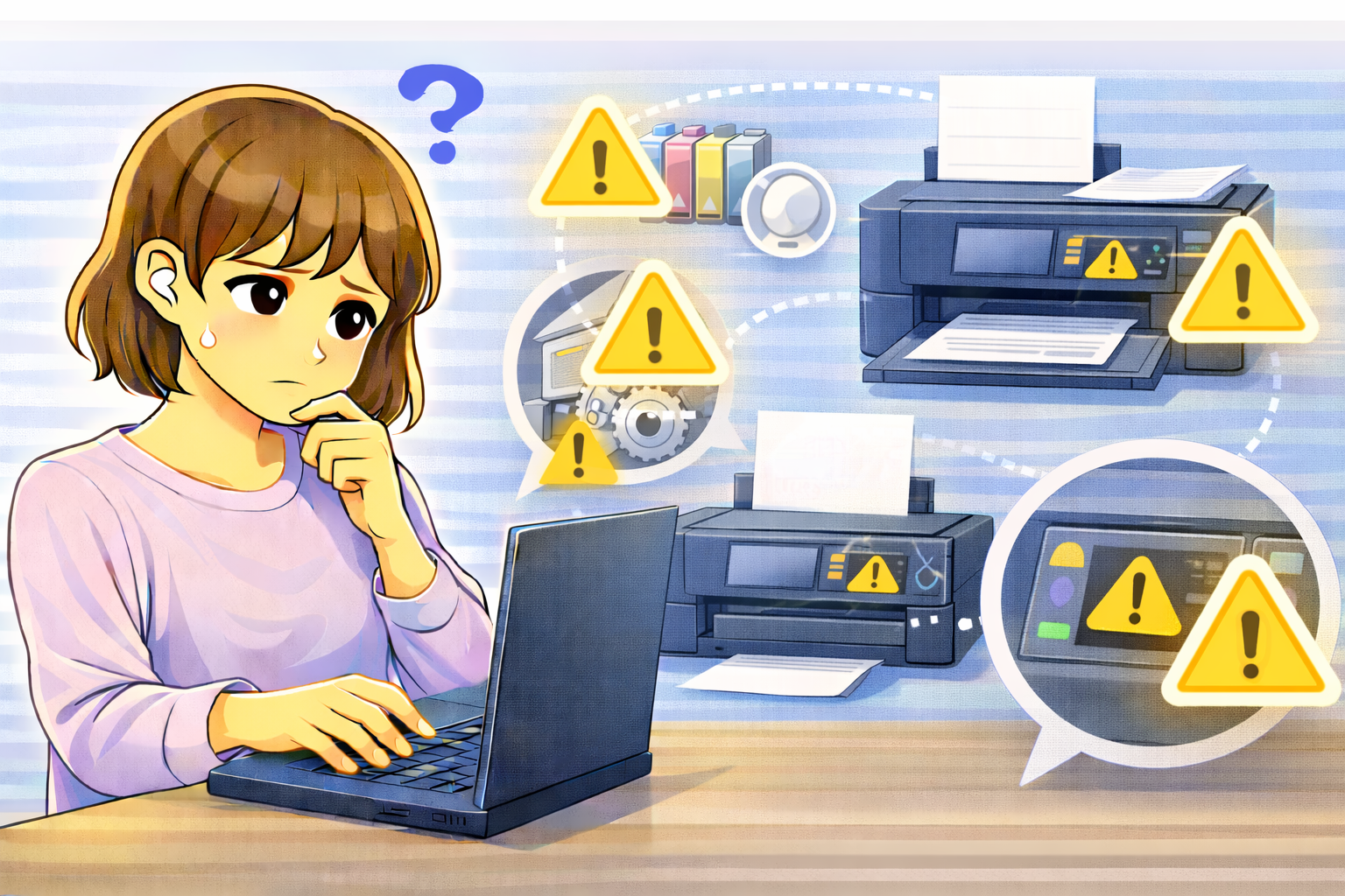 複合機でコピーだけができず、本体表示や設定、消耗品の状態を確認している女性を描いたイラスト