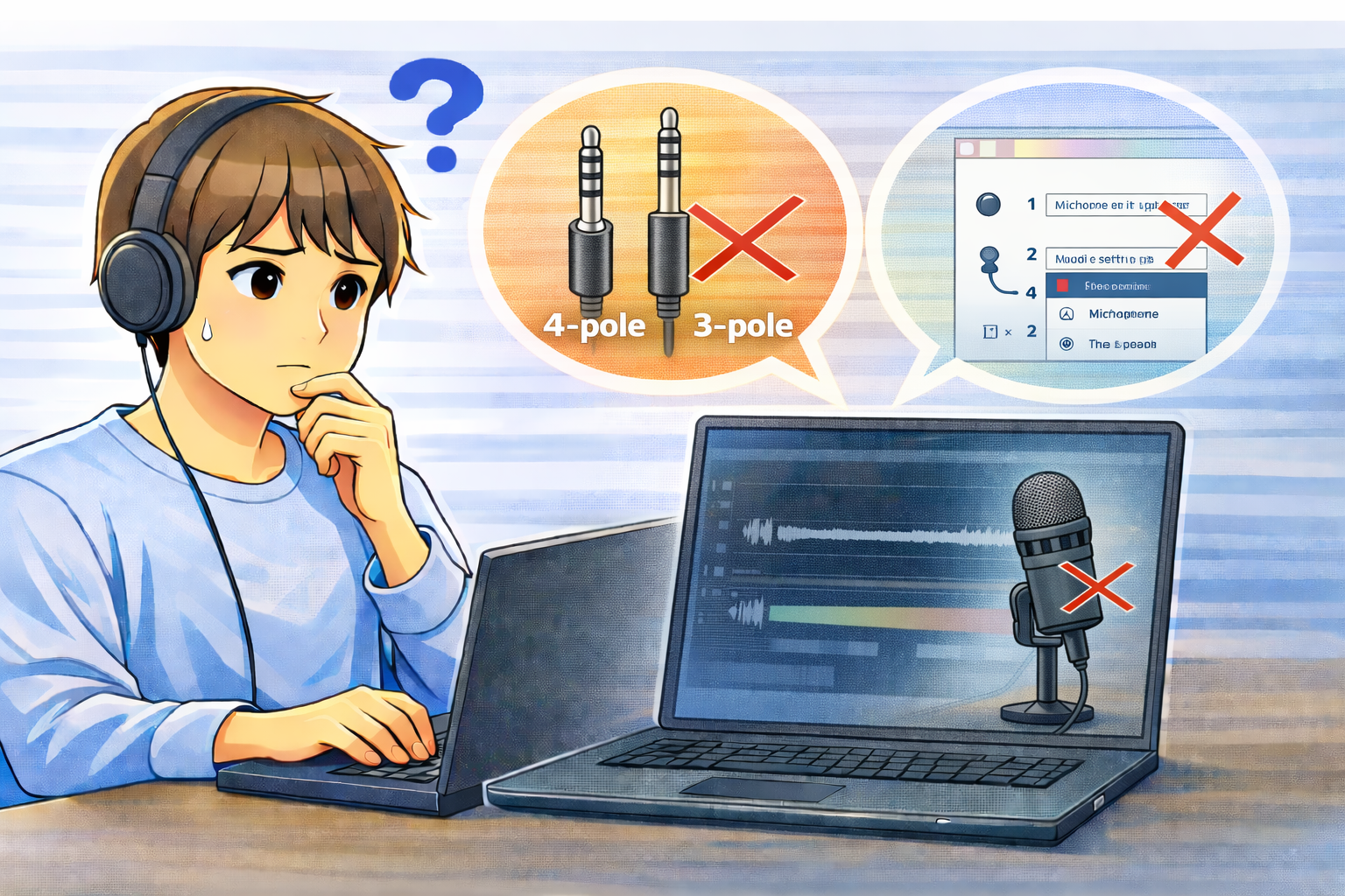 イヤホンのマイクが使えず、端子の種類や音声入力設定を確認している様子