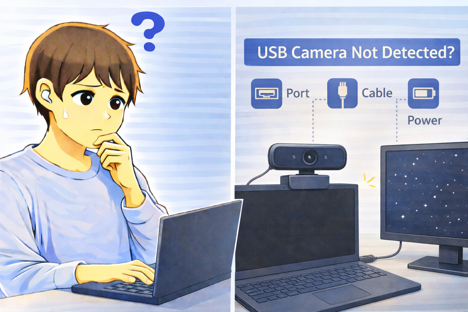 外付けUSBカメラがパソコンに認識されず、USBポートやケーブル、電力供給の影響を考えている男性のイラスト