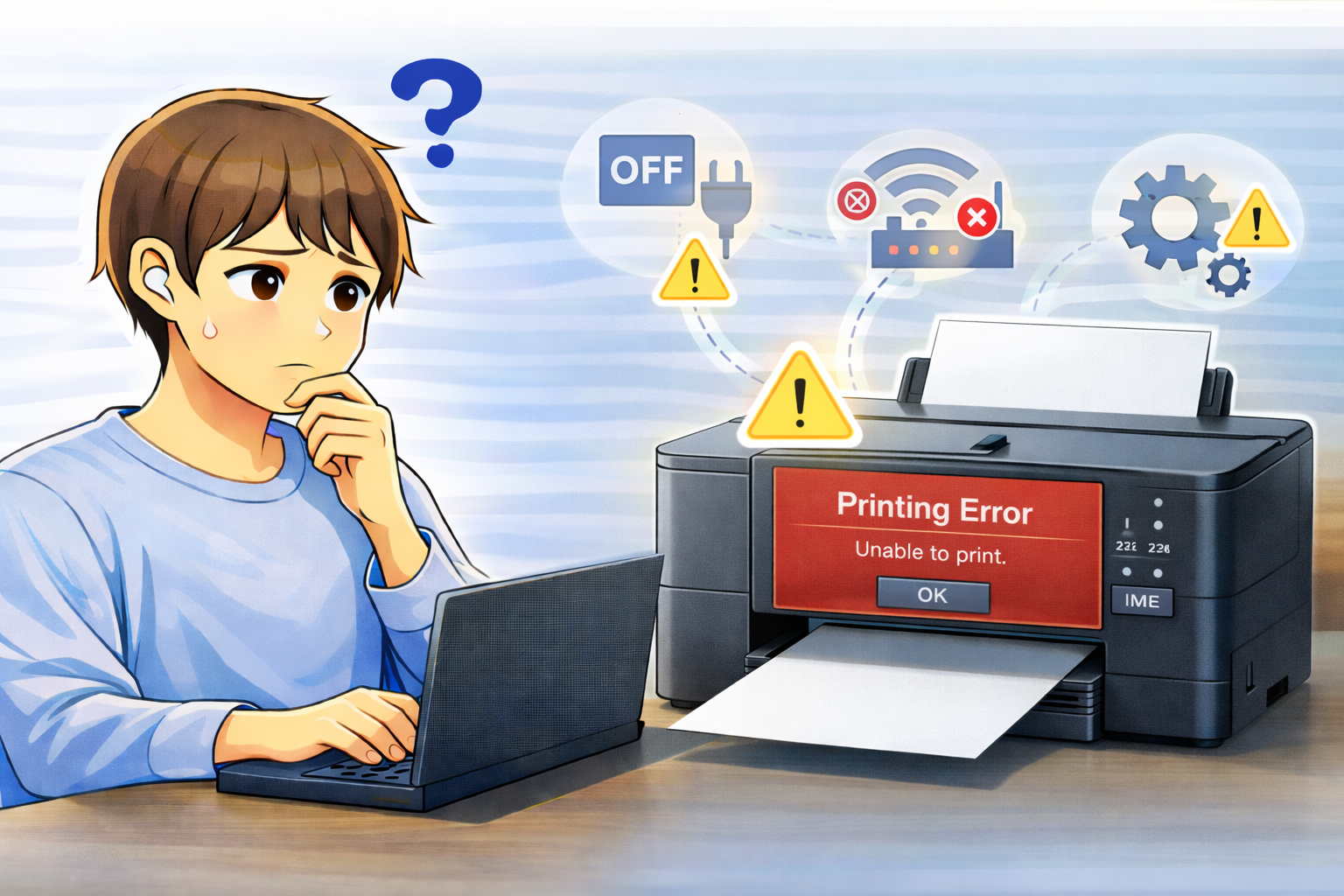 プリンターが印刷できず、電源や接続、設定の状態を確認しながらノートパソコンを操作している様子