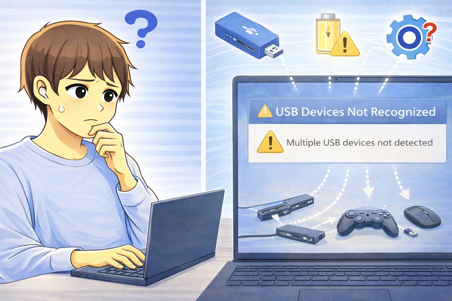 USBハブ経由で複数の入力機器が接続されているPCで、まとめて認識されず設定画面に注意表示が出ている様子