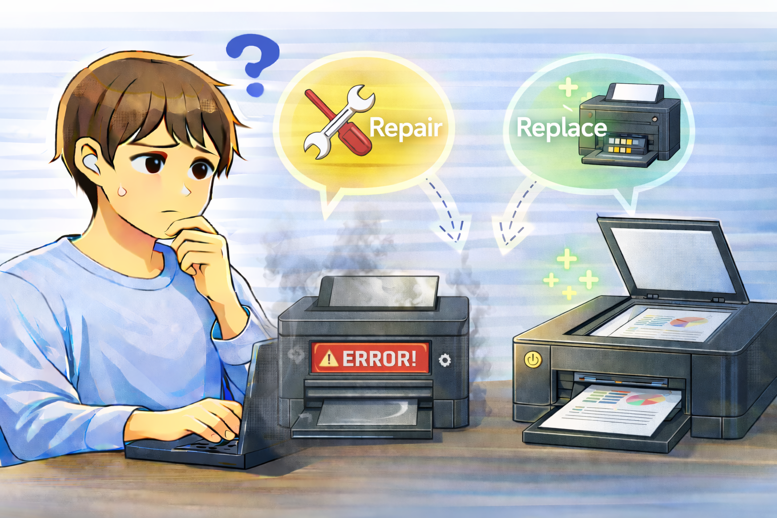 プリンターやスキャナの不調に対して、修理と交換のどちらを選ぶか検討している様子