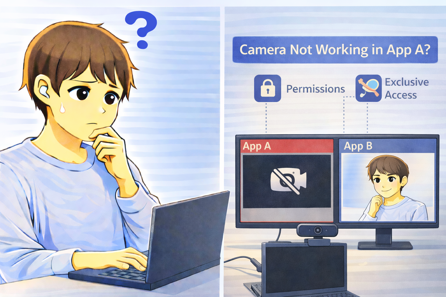 特定のアプリだけパソコンのカメラが使えず、権限設定やアプリ間の排他制御の影響を考えている男性のイラスト