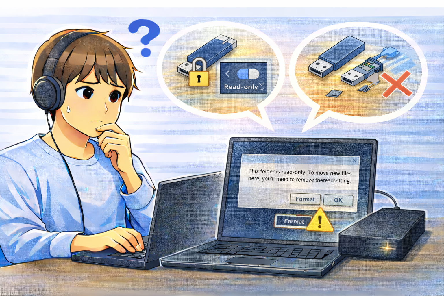 外付けストレージが読み取り専用になり、書き込みできない原因を確認している様子