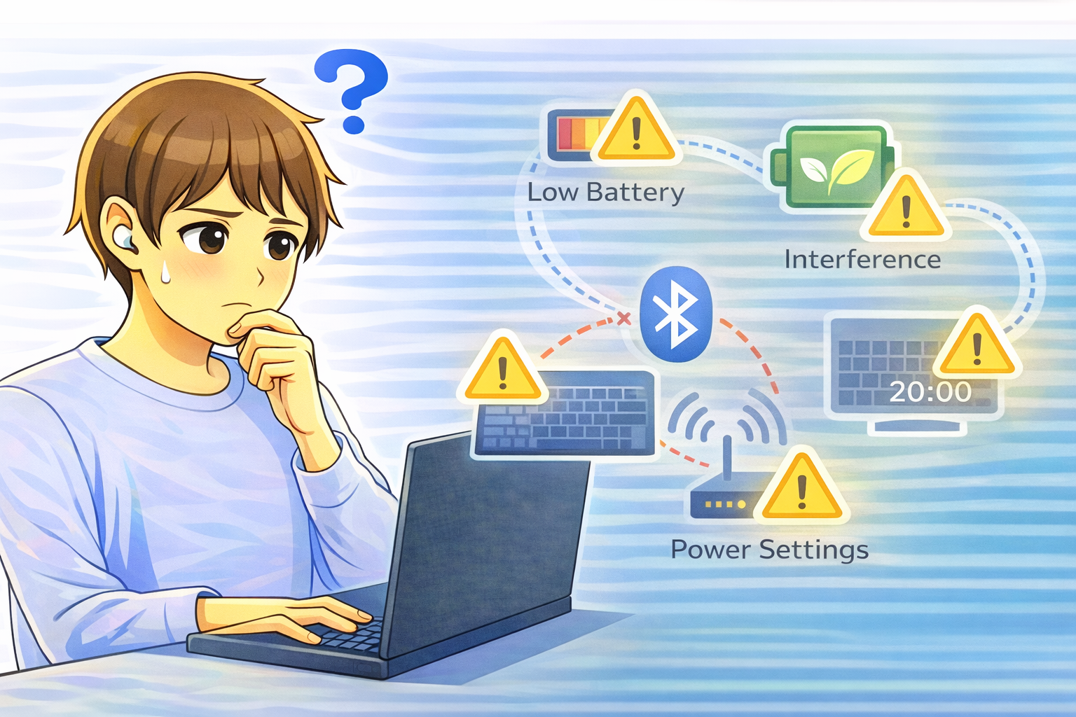 Bluetoothキーボードを使用している利用者が、電池残量や通信干渉、省電力設定の影響で接続が不安定になる状況を示したイラスト