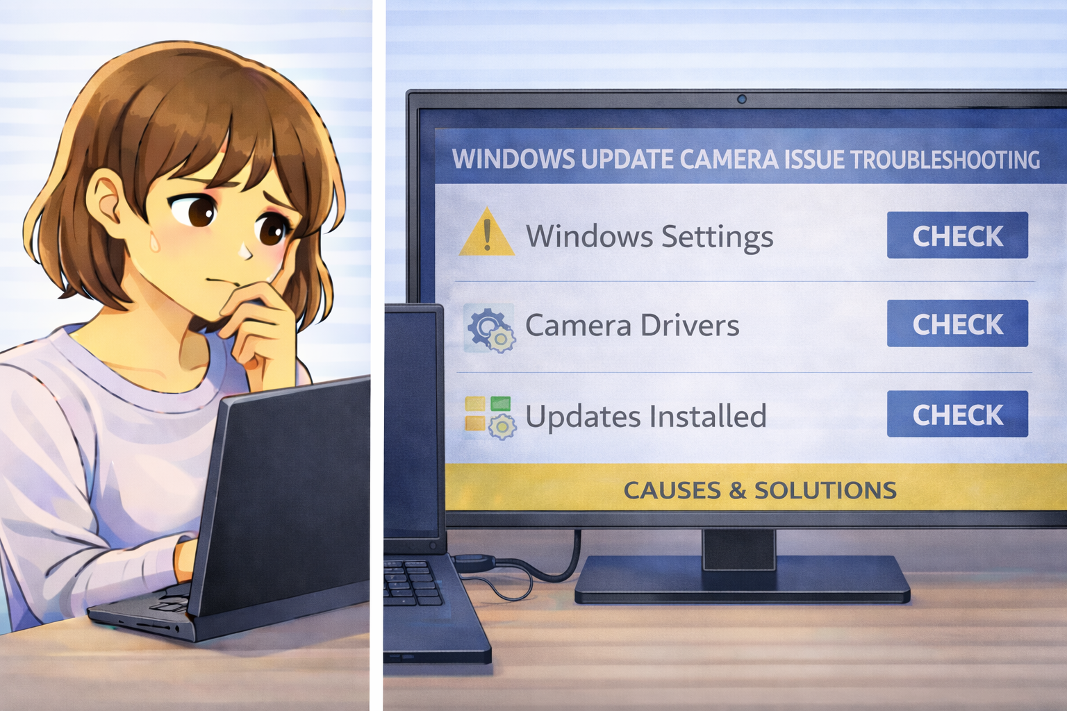 Windowsアップデート後にPCカメラが使えず、設定やカメラドライバーの状態を確認している様子のイラスト