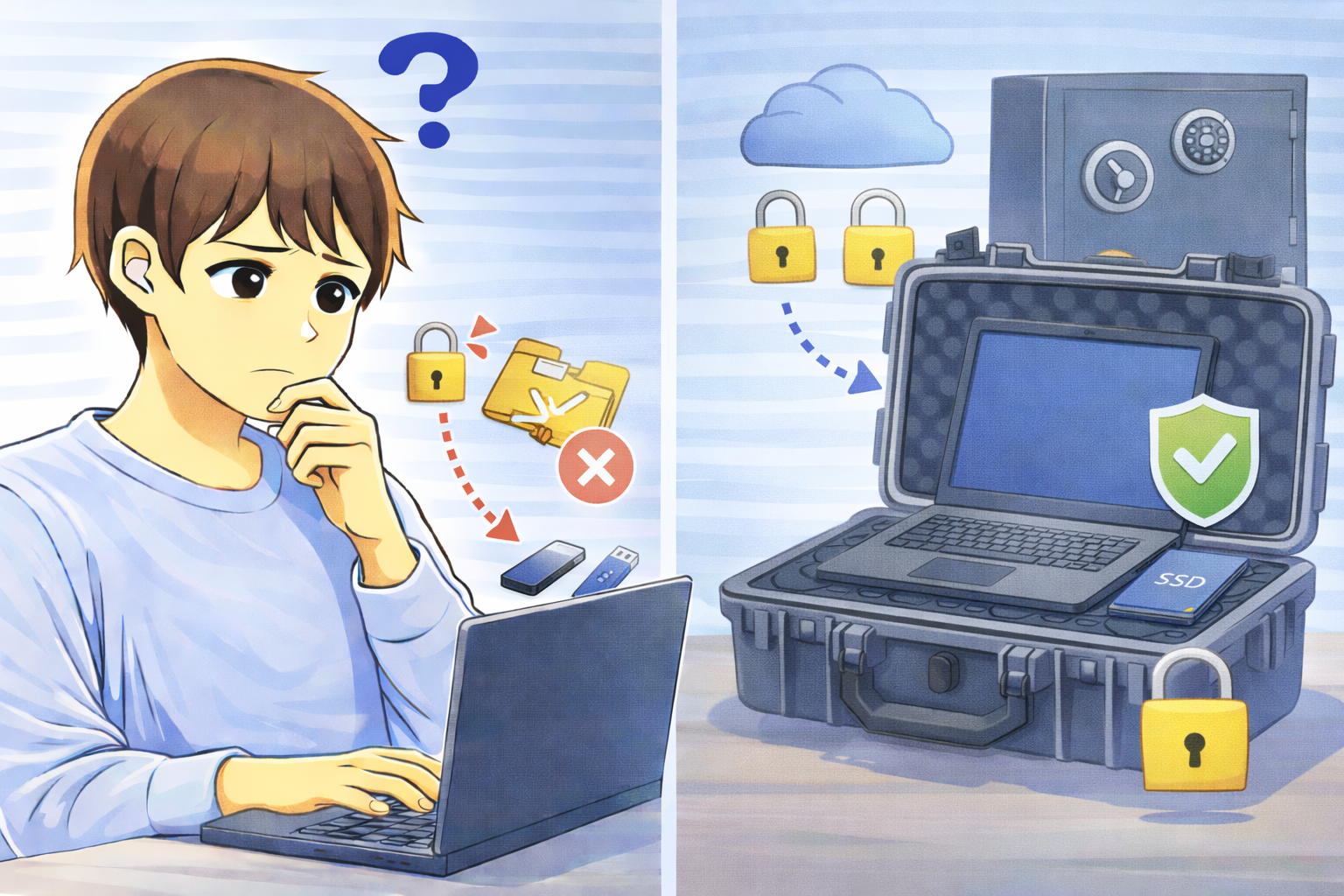 パソコンのデータを安全に扱い、ストレージを適切に保管している状態