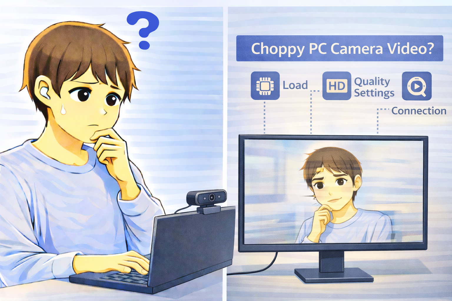 PCカメラの映像がカクついて表示され、パソコンの負荷や画質設定、接続状況の影響を考えている男性のイラスト